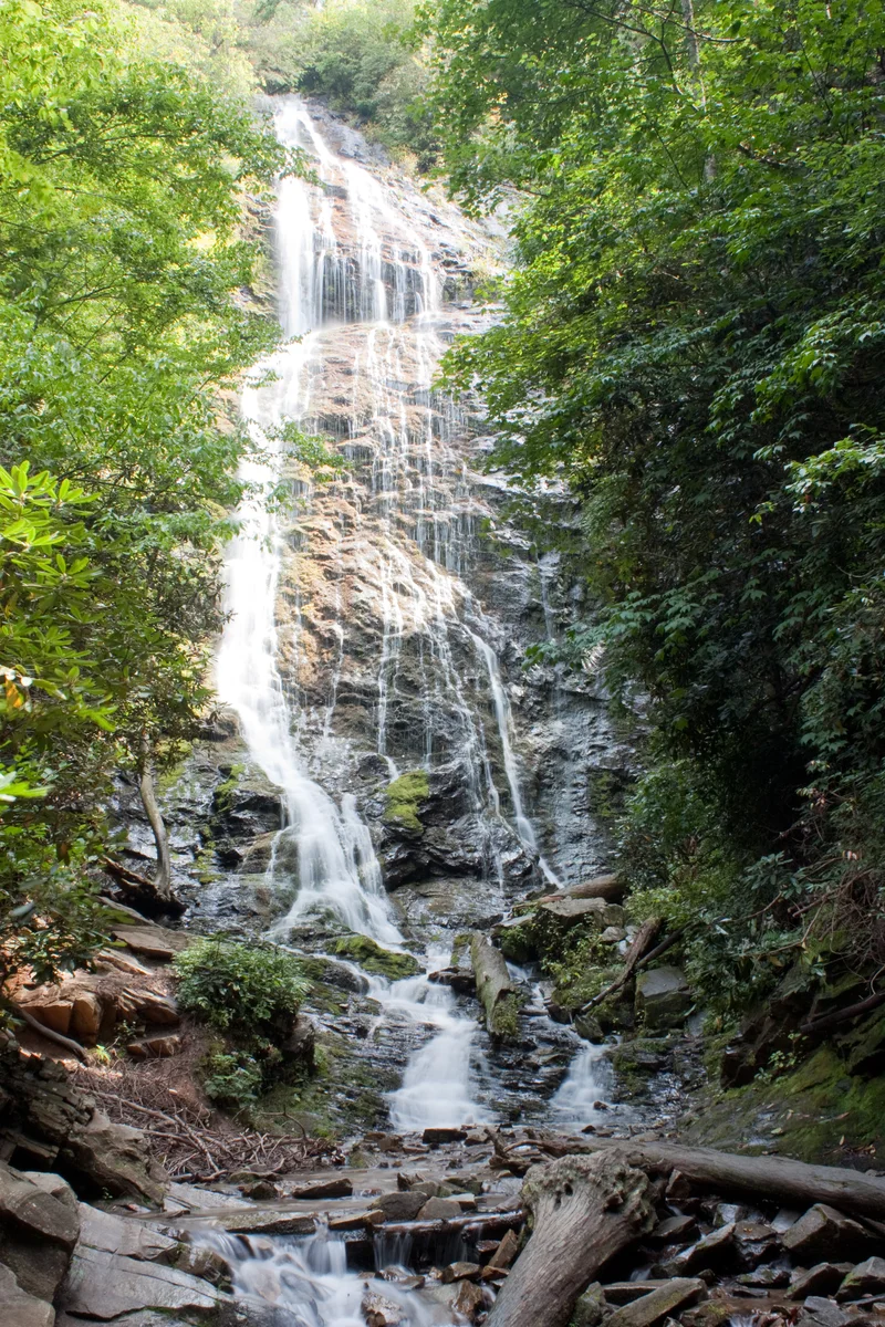 Mingo Falls cascading over a tall rock face near Cherokee